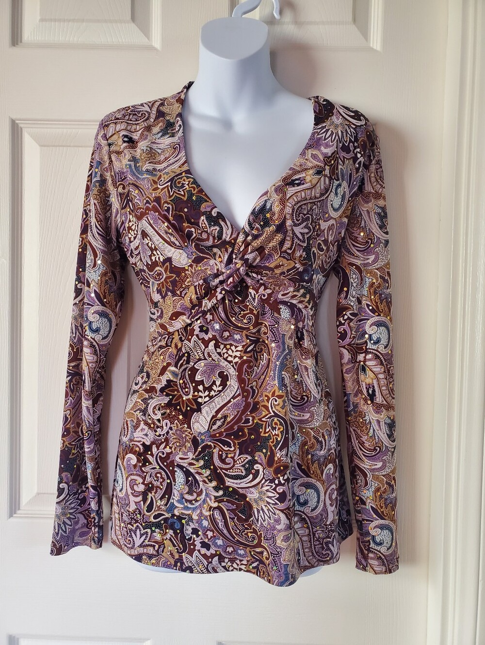Y2K Long Sleeves Paisley Blouse Twist Front Embellished V-neck Elegant Sexy Med